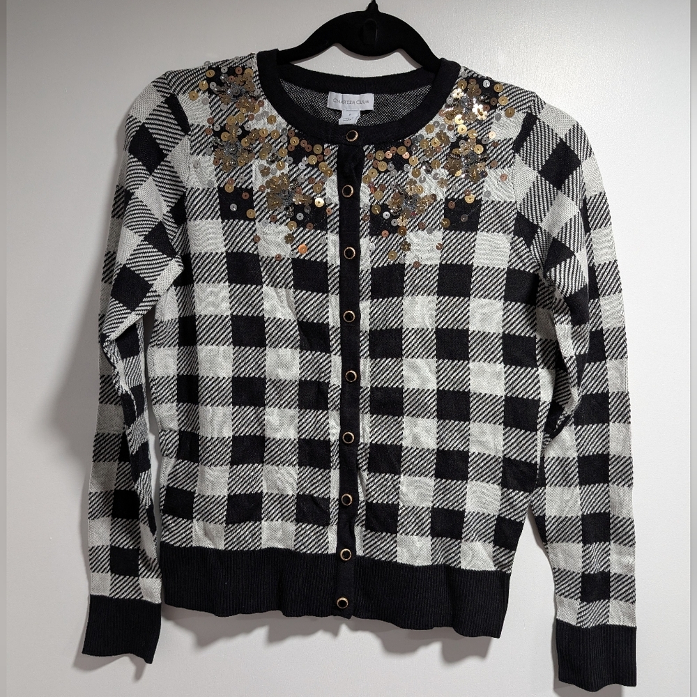 Charter Club Black and White Checkered Cardigan with Gold Accents Women's Size S